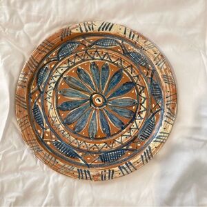 Vintage Hand Painted Terra Cotta Folk Art Plate Mid Century MCM Rustic Pottery